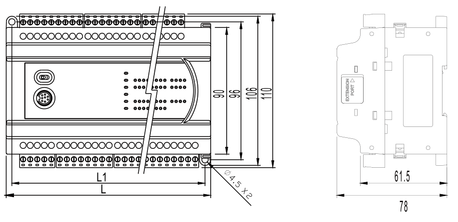 臺(tái)達(dá)PLC DVP16ES200R的外觀(guān)尺寸